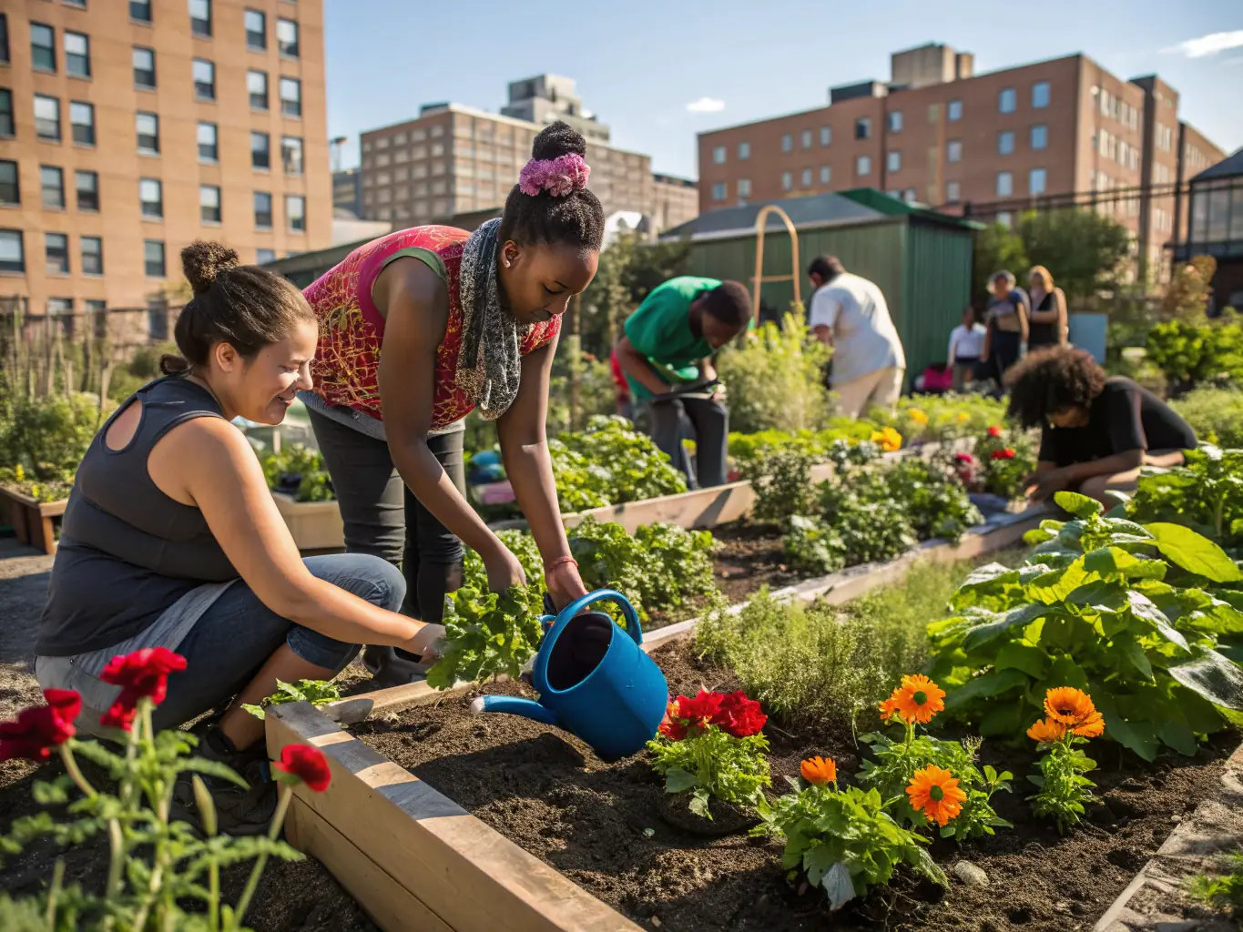 A photograph illustrating a diverse group of people collaborating in a community garden, symbolizing economic and social well-being in Viborg.