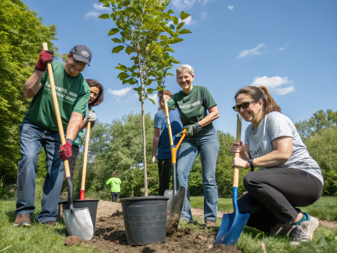 A photograph capturing Sustainable Development members actively engaged in a community project, planting trees or conducting a workshop, illustrating the 'Activities' phase.