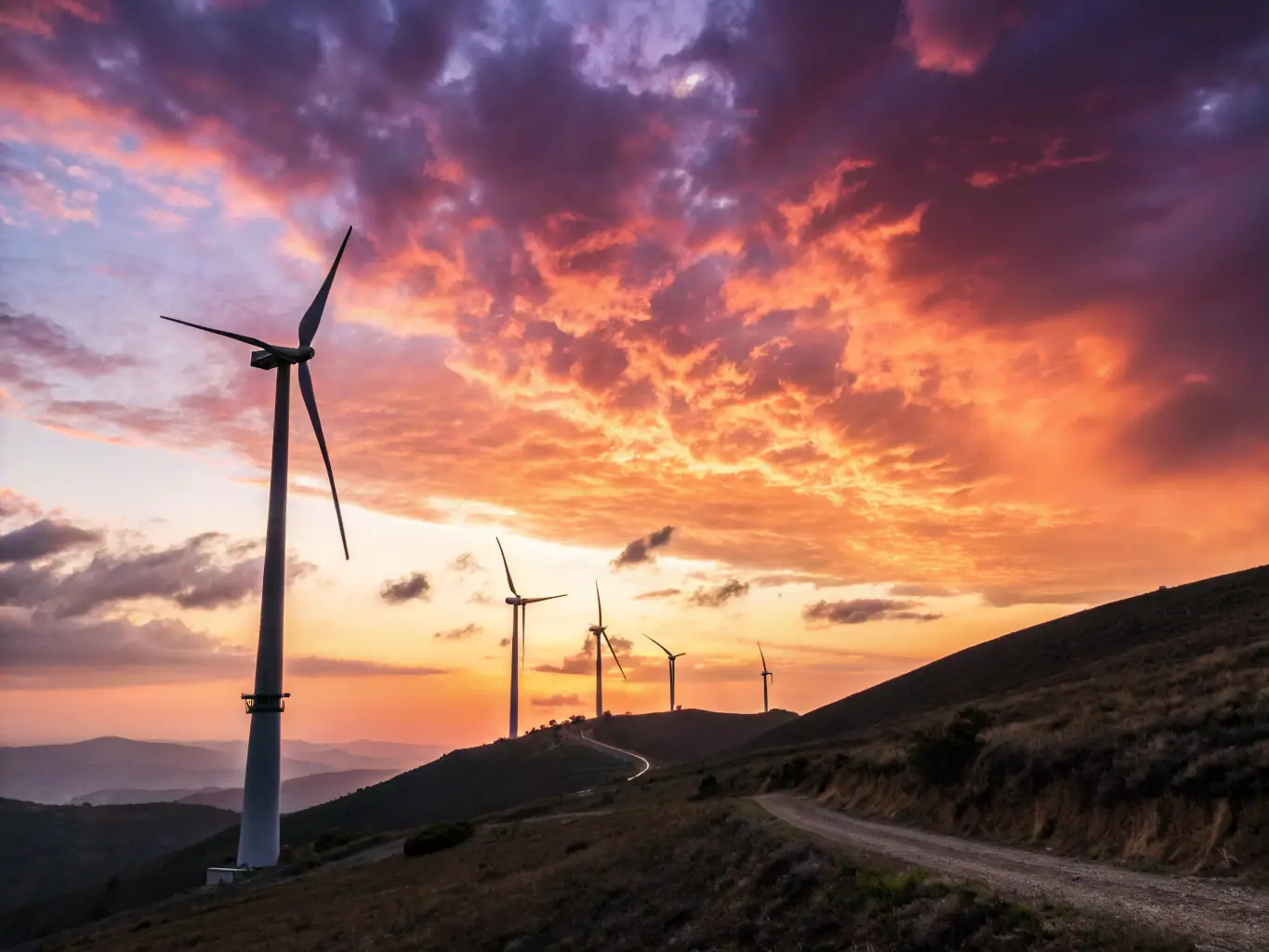 A photograph depicting a wind turbine farm at sunset, symbolizing renewable energy and sustainable resource management in Viborg.