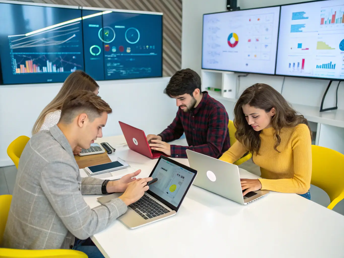 A photograph showing a team of Sustainable Development members working together on a project plan, using digital tools and physical documents, representing the 'Planning' phase.