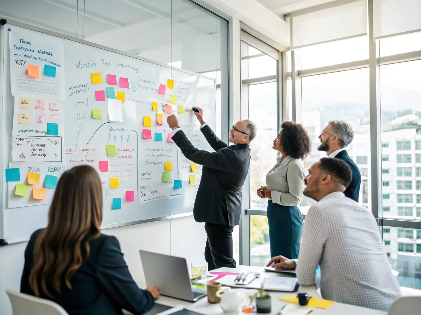 A photograph depicting a diverse group of people participating in a brainstorming session, sketching ideas on a whiteboard, representing the 'Clarification' phase of Sustainable Development's collaborative process.